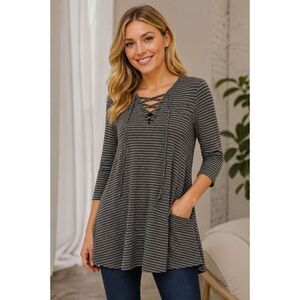 Hannah Gray Black Striped M‎ Lace-Up Tunic Top 3/4 Sleeve Swing Blouse Casual H